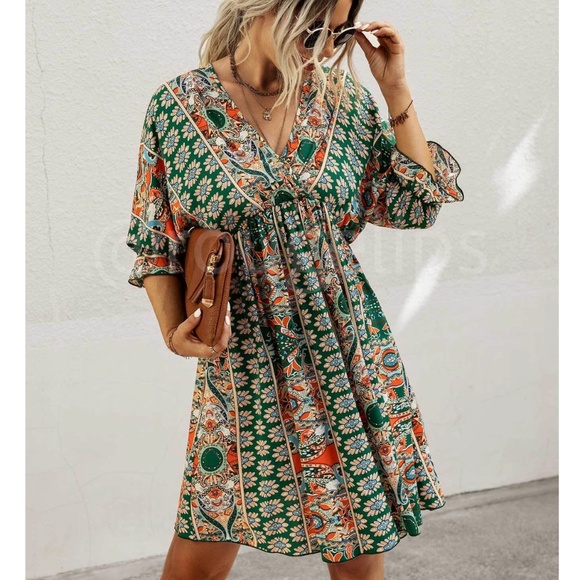 Rouge! Dresses & Skirts - Multicolor Tribal Paisley Print Green Mini Babydoll Dress V-Neck